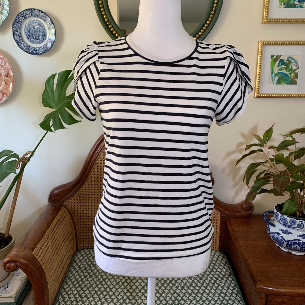 Draper James RSVP Navy White Stripe Tulip Petal Sleeve T Shirt Tee XS